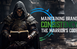 A warrior reading a book - the title reads 'Maintining Brand Consistency - The Warrior's Code'